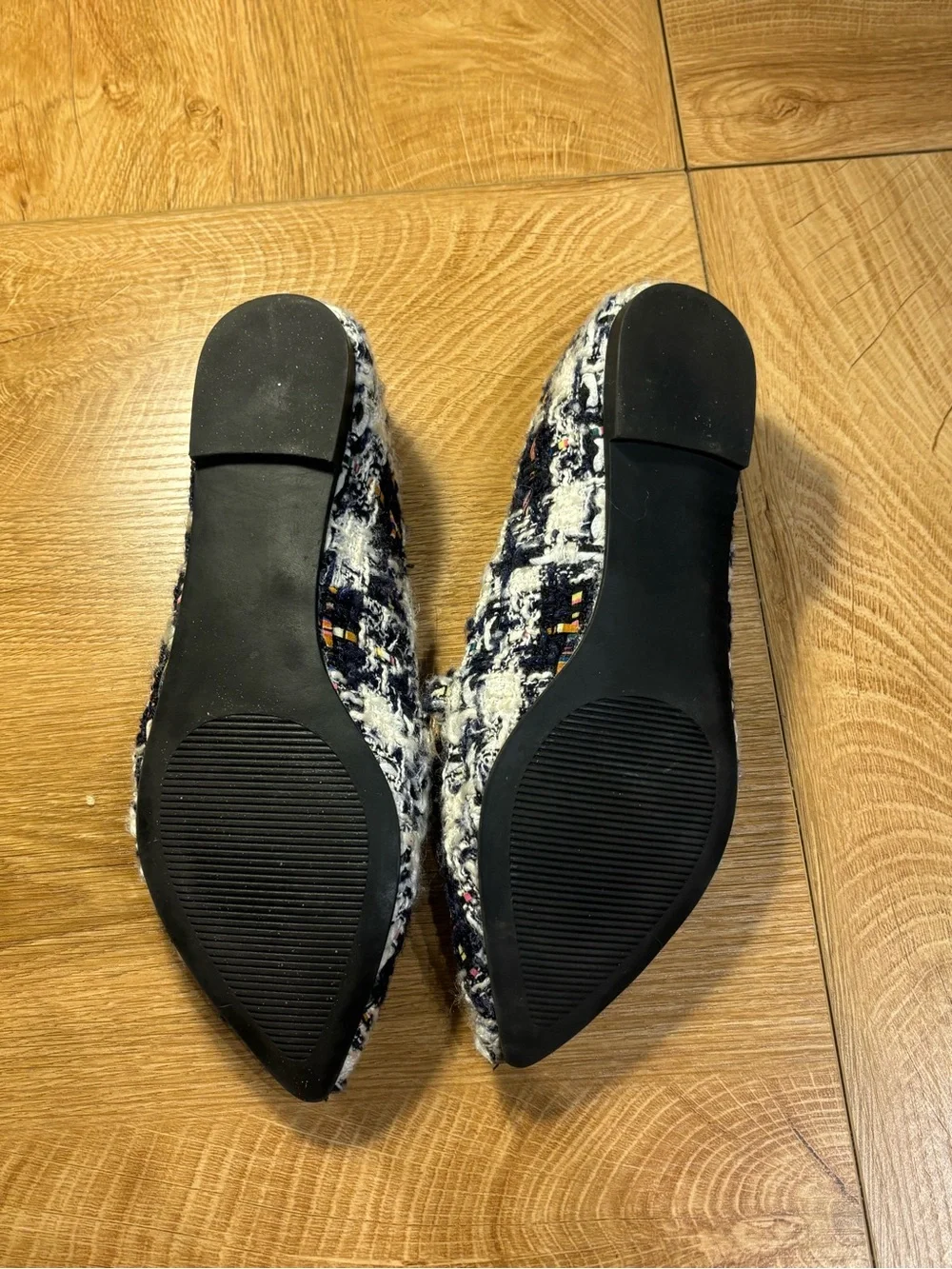 Steve Madden Black & White Tweed Pointed Loafers with Gold Chain